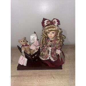 Collectible Memories Veronica Porcelain Doll w/ Teddy Bear Cradle + COA